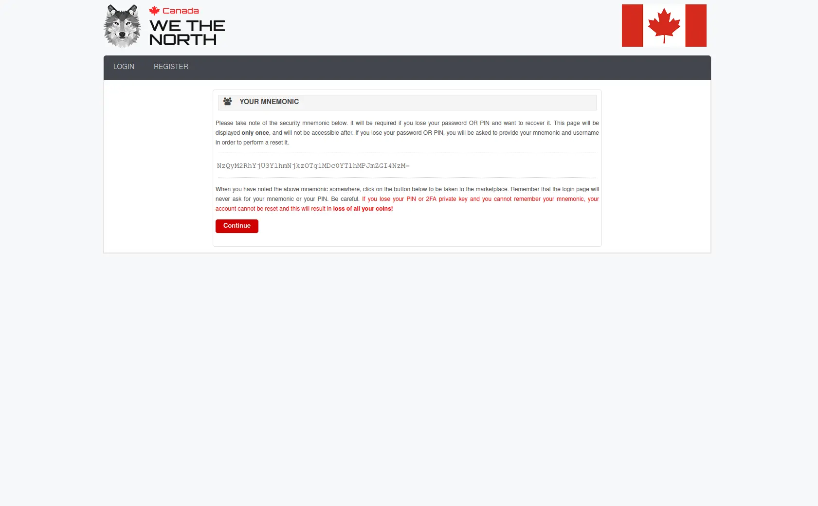 WTN Market mnemonic phrase backup screen